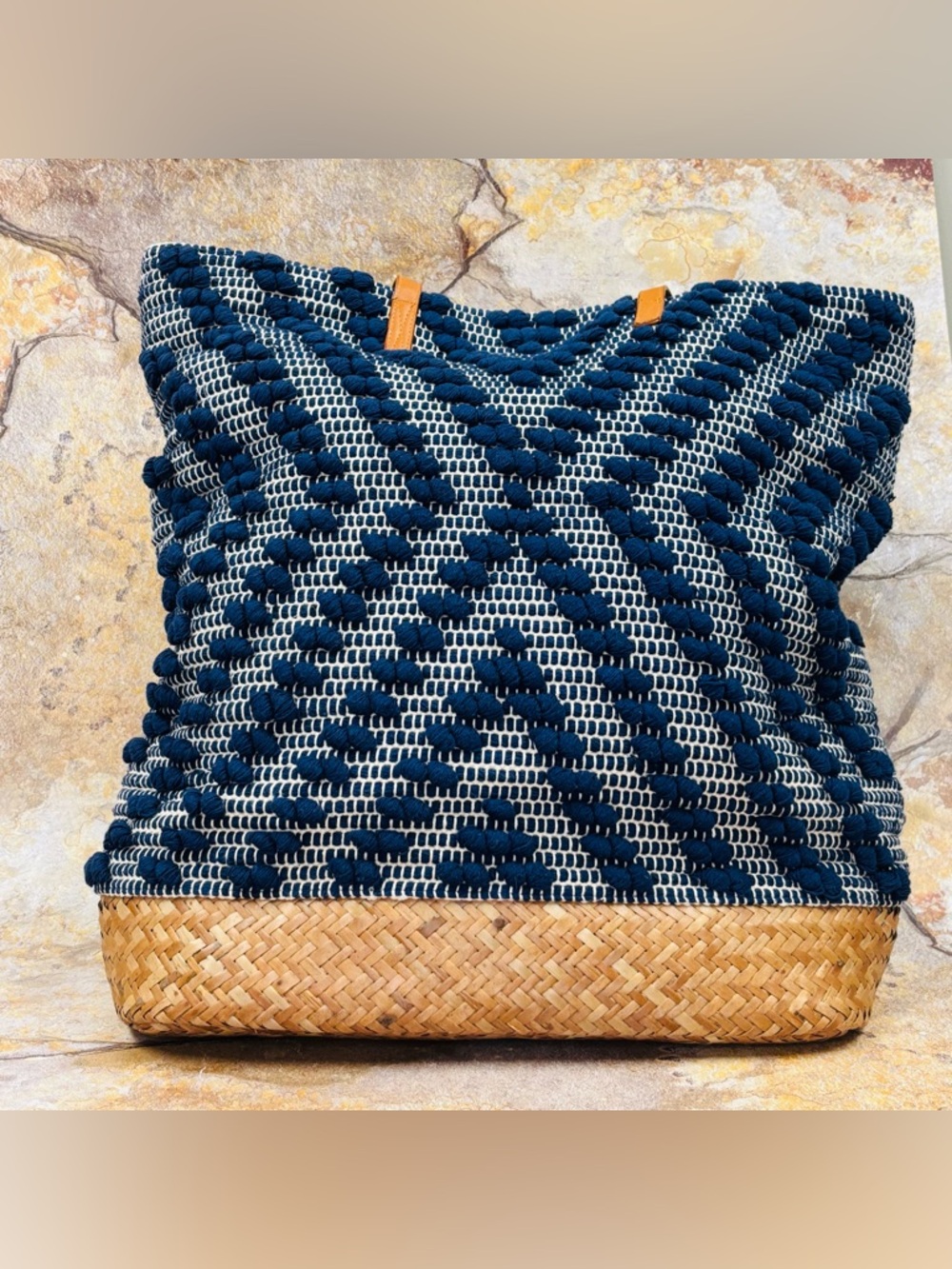 Women’s Navy & Cream Woven Tote Bag – Casual Shoulder Handbag Boho Coastal Style